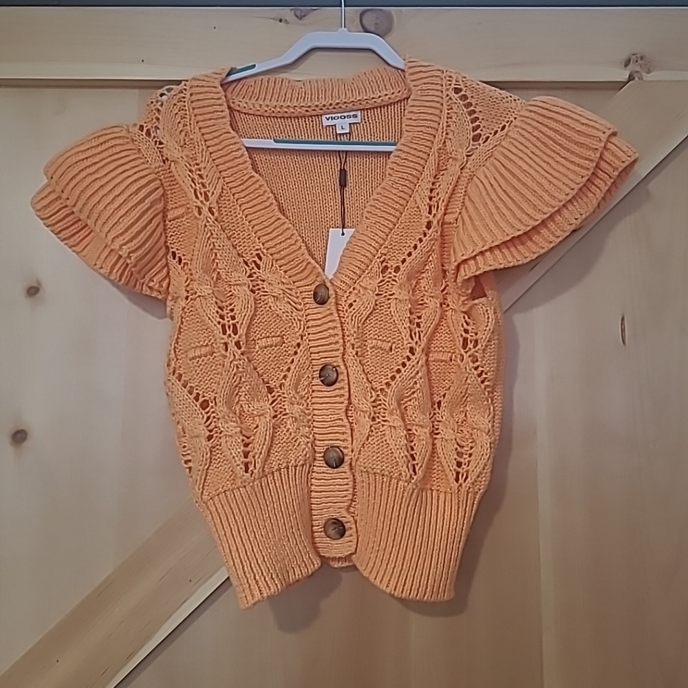 NWT Vigoss Size Large Bright Orange Cardigan Ruffles Puffy Sleeves